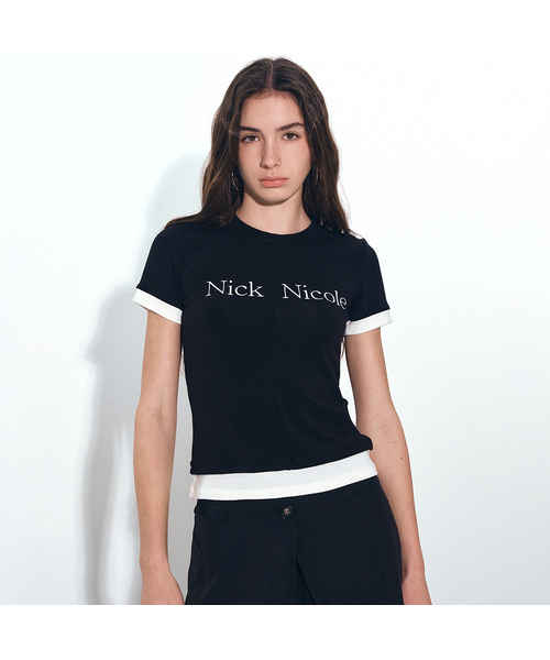 NICK&NICOLE(ニックアンドニコール)の「HALF LAYERED PINTUCK SLIM SLEEVE TOP_BLACK(Tシャツ/カットソー・レディース・ブラック・FREE)」の1枚目の写真
