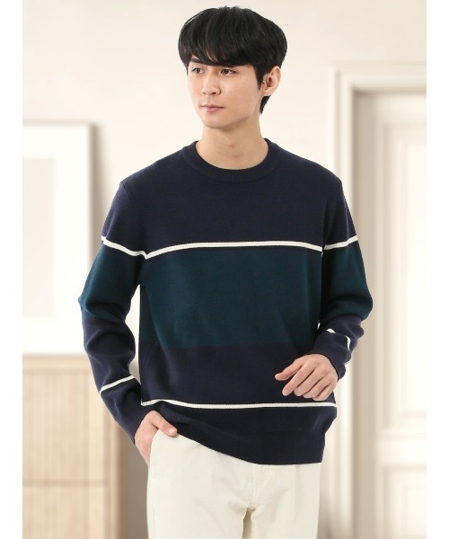 m.f.editorial（エムエフエディトリアル）の「【ストレッチ ウォッシャブル】m.f.エディトリアル メンズ 配色切替 クルー ニット セータ―（ニット/セーター・メンズ・ネイビー/アイボリー/ダークウッド/ベージュ・MEDIUM/X-LARGE/LARGE）」の4枚目の写真