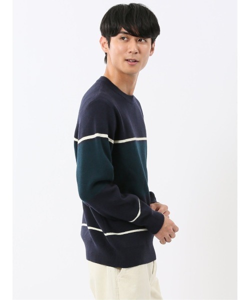 m.f.editorial（エムエフエディトリアル）の「【ストレッチ ウォッシャブル】m.f.エディトリアル メンズ 配色切替 クルー ニット セータ―（ニット/セーター・メンズ・ネイビー/アイボリー/ダークウッド/ベージュ・MEDIUM/X-LARGE/LARGE）」の10枚目の写真
