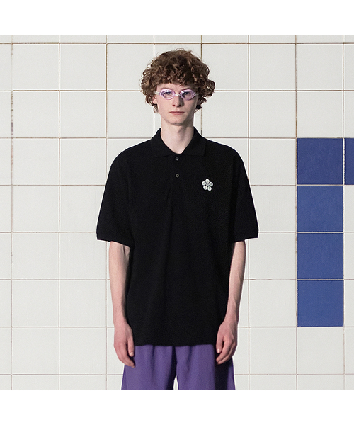 セール】ボタンフラワーピケポロシャツ / ブラック（Tシャツ