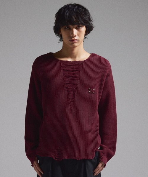 GRANCY（グランシー）の「【GRANCY】Pierced Damage Knit / ピアスダメージニット（ニット/セーター・メンズ・ネイビー/レッド/ブラック・S/M/L）」の3枚目の写真