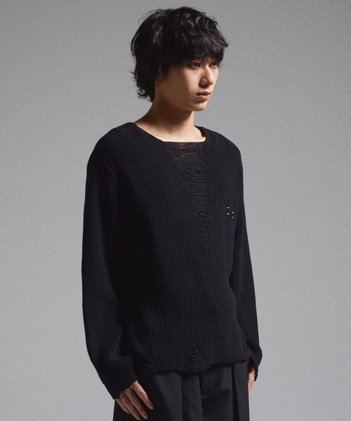 GRANCY（グランシー）の「【GRANCY】Pierced Damage Knit / ピアスダメージニット（ニット/セーター・メンズ・ネイビー/レッド/ブラック・S/M/L）」の4枚目の写真