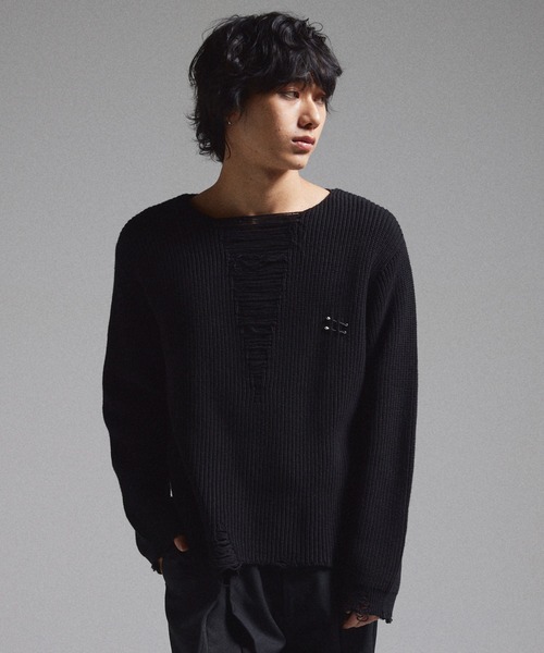 GRANCY（グランシー）の「【GRANCY】Pierced Damage Knit / ピアスダメージニット（ニット/セーター・メンズ・ネイビー/レッド/ブラック・S/M/L）」の5枚目の写真