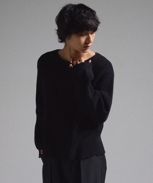 GRANCY（グランシー）の「【GRANCY】Pierced Damage Knit / ピアスダメージニット（ニット/セーター・メンズ・ネイビー/レッド/ブラック・S/M/L）」の6枚目の写真
