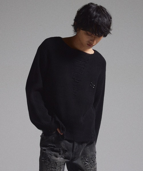 GRANCY（グランシー）の「【GRANCY】Pierced Damage Knit / ピアスダメージニット（ニット/セーター・メンズ・ネイビー/レッド/ブラック・S/M/L）」の10枚目の写真