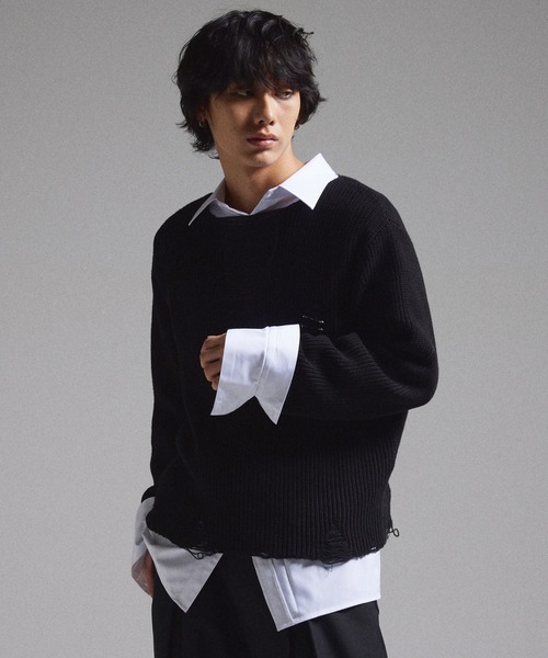 GRANCY（グランシー）の「【GRANCY】Pierced Damage Knit / ピアスダメージニット（ニット/セーター・メンズ・ネイビー/レッド/ブラック・S/M/L）」の13枚目の写真