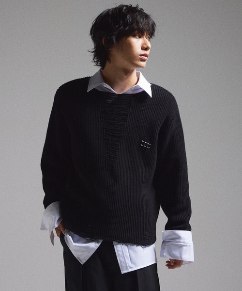 GRANCY（グランシー）の「【GRANCY】Pierced Damage Knit / ピアスダメージニット（ニット/セーター・メンズ・ネイビー/レッド/ブラック・S/M/L）」の14枚目の写真