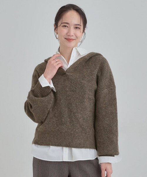 DRESKIP（ドレスキップ）の「【S-LL】お顔周りをすっきり魅せる ふんわり Vネックフードニット（ニット/セーター・レディース・グレー/ブルー系その他/ブラウン系その他・01/02/03/04）」の15枚目の写真