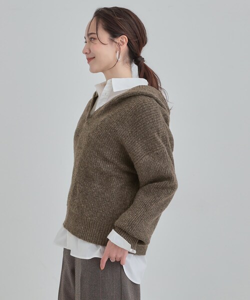 DRESKIP（ドレスキップ）の「【S-LL】お顔周りをすっきり魅せる ふんわり Vネックフードニット（ニット/セーター・レディース・グレー/ブルー系その他/ブラウン系その他・01/02/03/04）」の16枚目の写真