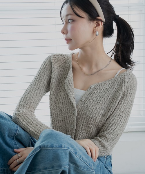 Petitjo(プッチージョ)の「小さいサイズ スラブニットカーディガン 低身長さん・小柄女性(カーディガン/ボレロ・レディース・ダークブルー/ベージュ・PL/PM/PS/PSS)」の1枚目の写真