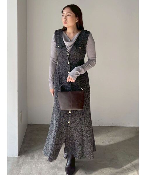 LAGUNAMOON(ラグナムーン)の「フラップボタンツィードジャンパースカート(ワンピース・レディース・ブラック/アイボリー・MEDIUM/SMALL)」の1枚目の写真