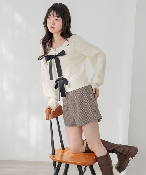 Heather（ヘザー）の「Wリボンケーブルカーディガン　645574（カーディガン/ボレロ・レディース・ブラック/アイボリー/グレー・FREE）」の5枚目の写真