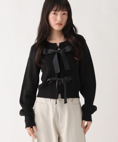 Heather（ヘザー）の「Wリボンケーブルカーディガン　645574（カーディガン/ボレロ・レディース・ブラック/アイボリー/グレー・FREE）」の12枚目の写真