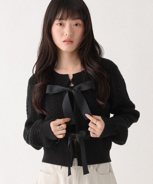 Heather（ヘザー）の「Wリボンケーブルカーディガン　645574（カーディガン/ボレロ・レディース・ブラック/アイボリー/グレー・FREE）」の13枚目の写真