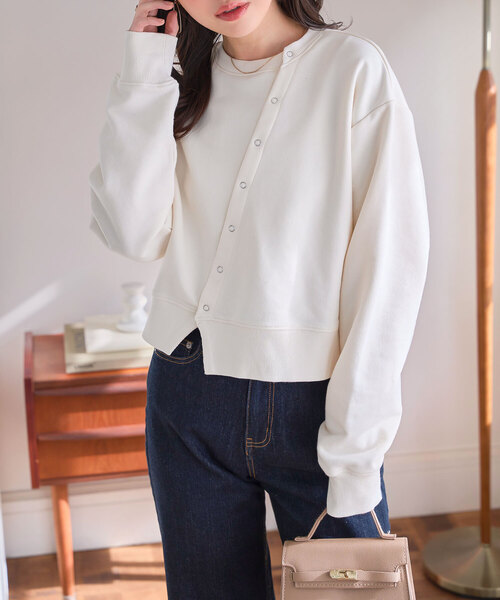 KOBE LETTUCE(コウベレタス)の「アシンメトリースウェットカーディガン(スウェット・レディース・ネイビー/オフホワイト/グレー・M)」の2枚目の写真