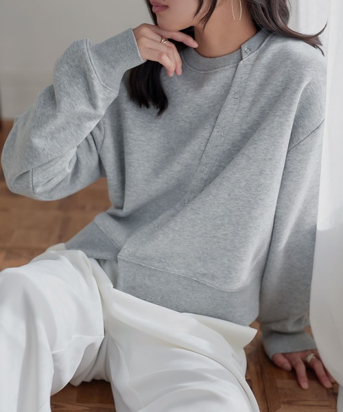 KOBE LETTUCE(コウベレタス)の「アシンメトリースウェットカーディガン(スウェット・レディース・ネイビー/オフホワイト/グレー・M)」の5枚目の写真