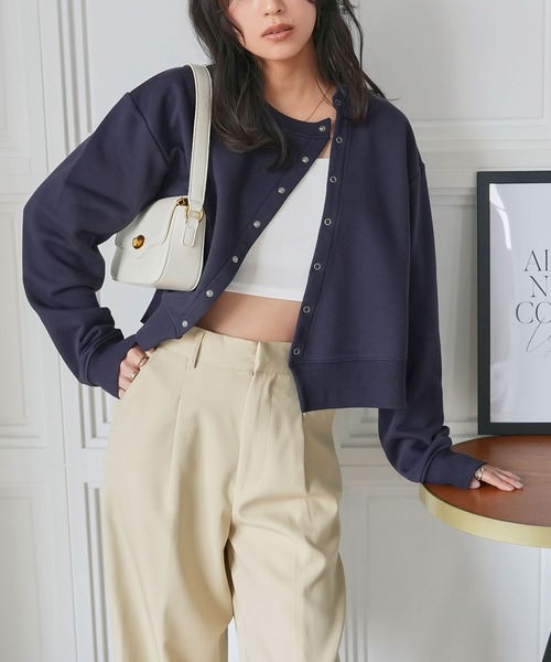 KOBE LETTUCE(コウベレタス)の「アシンメトリースウェットカーディガン(スウェット・レディース・ネイビー/オフホワイト/グレー・M)」の8枚目の写真