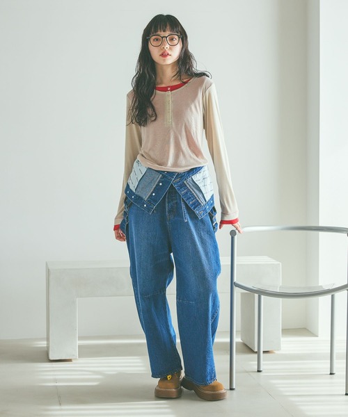 niko and...（ニコアンド）の「ヘンリーネックレイヤードＴシャツ（Tシャツ/カットソー・レディース・ベージュ/ネイビー/グレー/チャコール・FREE）」の6枚目の写真