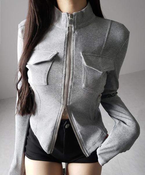 me+em select(ミームセレクト)の「【 2color 】アウトポケットダブルジップスリムリブトップス / out pocket double zip slim ribbed tops(その他トップス・レディース・ブラック/グレー・FREE)」の4枚目の写真