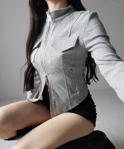 me+em select(ミームセレクト)の「【 2color 】アウトポケットダブルジップスリムリブトップス / out pocket double zip slim ribbed tops(その他トップス・レディース・ブラック/グレー・FREE)」の11枚目の写真