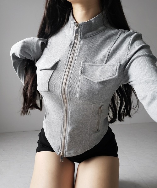 me+em select(ミームセレクト)の「【 2color 】アウトポケットダブルジップスリムリブトップス / out pocket double zip slim ribbed tops(その他トップス・レディース・ブラック/グレー・FREE)」の12枚目の写真