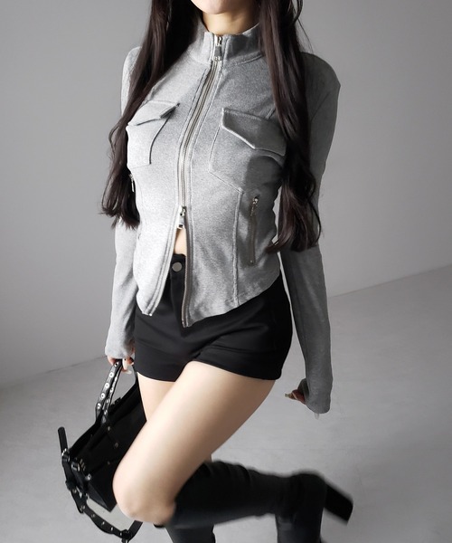 me+em select(ミームセレクト)の「【 2color 】アウトポケットダブルジップスリムリブトップス / out pocket double zip slim ribbed tops(その他トップス・レディース・ブラック/グレー・FREE)」の18枚目の写真