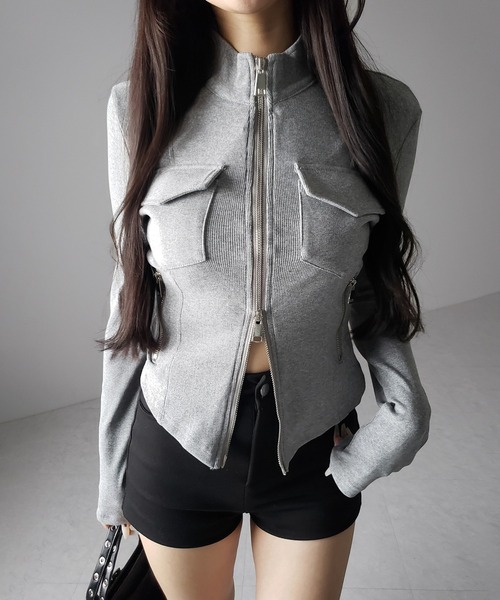 me+em select(ミームセレクト)の「【 2color 】アウトポケットダブルジップスリムリブトップス / out pocket double zip slim ribbed tops(その他トップス・レディース・ブラック/グレー・FREE)」の19枚目の写真