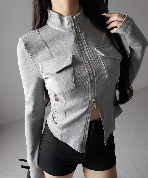 me+em select(ミームセレクト)の「【 2color 】アウトポケットダブルジップスリムリブトップス / out pocket double zip slim ribbed tops(その他トップス・レディース・ブラック/グレー・FREE)」の21枚目の写真