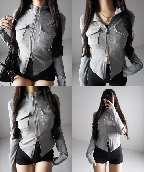me+em select(ミームセレクト)の「【 2color 】アウトポケットダブルジップスリムリブトップス / out pocket double zip slim ribbed tops(その他トップス・レディース・ブラック/グレー・FREE)」の5枚目の写真
