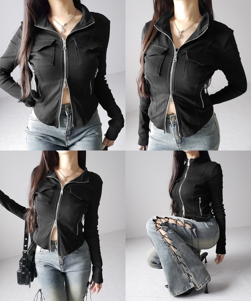 me+em select(ミームセレクト)の「【 2color 】アウトポケットダブルジップスリムリブトップス / out pocket double zip slim ribbed tops(その他トップス・レディース・ブラック/グレー・FREE)」の6枚目の写真