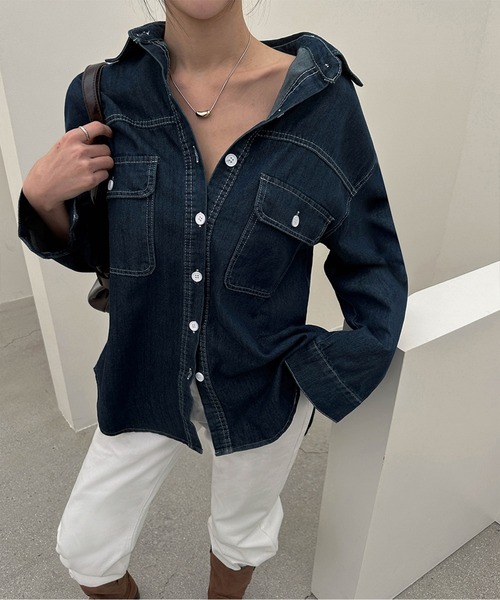 AMAJI(アマジ)の「デニムシャツジャケット(その他トップス・レディース・ネイビー・FREE)」の6枚目の写真