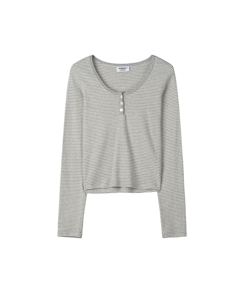 MELLOTORY(メロートリー)の「ストライプコンビボタンTシャツ (2カラー)(Tシャツ/カットソー・レディース・グレー/レッド・FREE)」の2枚目の写真