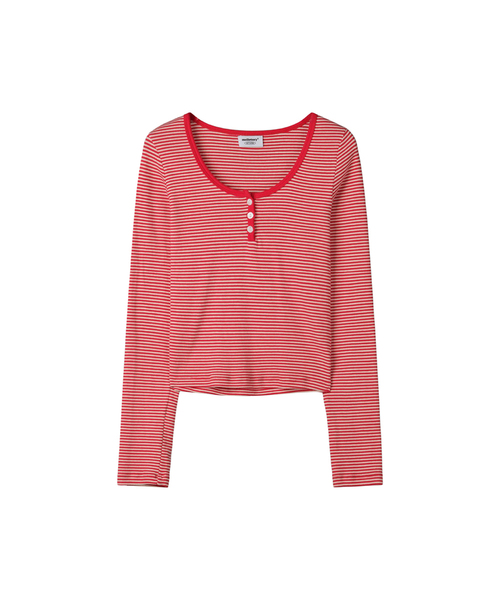 MELLOTORY(メロートリー)の「ストライプコンビボタンTシャツ (2カラー)(Tシャツ/カットソー・レディース・グレー/レッド・FREE)」の1枚目の写真