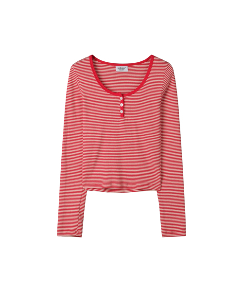 MELLOTORY(メロートリー)の「ストライプコンビボタンTシャツ (2カラー)(Tシャツ/カットソー・レディース・グレー/レッド・FREE)」の6枚目の写真