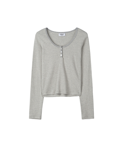 MELLOTORY(メロートリー)の「ストライプコンビボタンTシャツ (2カラー)(Tシャツ/カットソー・レディース・グレー/レッド・FREE)」の5枚目の写真