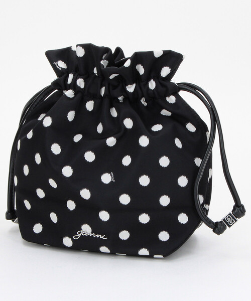 GANNI(ガニー)の「GANNI/ガニー Pouch Printed Nylon / B3010068 / ドット柄 ナイロン キンチャク ミニバッグ(ハンドバッグ・レディース・ブラック・ONE SIZE)」の1枚目の写真