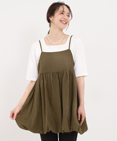 SHOO・LA・RUE（シューラルー）の「【洗濯機可/体型カバー/S-LL】後ろ姿も抜かりない ギンガムチェック柄バルーンキャミチュニック（チュニック・レディース・チャコールグレー/ブラウン系2・04/03/02/01）」の7枚目の写真