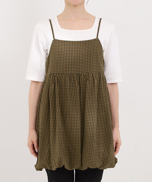 SHOO・LA・RUE（シューラルー）の「【洗濯機可/体型カバー/S-LL】後ろ姿も抜かりない ギンガムチェック柄バルーンキャミチュニック（チュニック・レディース・チャコールグレー/ブラウン系2・04/03/02/01）」の11枚目の写真