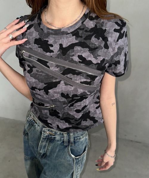 Bamm(バム)の「フロントジップカモフラコンパクトT(Tシャツ/カットソー・レディース・グレー/カモフラージュ・FREE)」の5枚目の写真