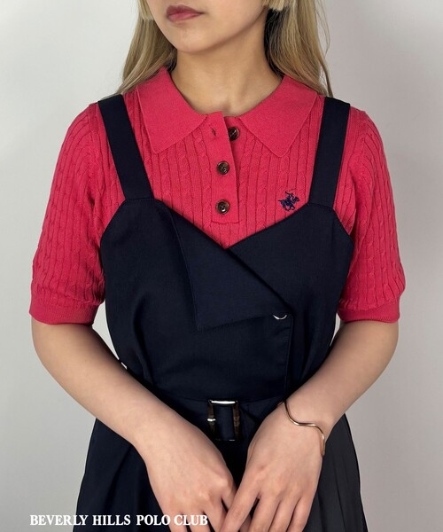 BEVERLY HILLS POLO CLUB（ビバリーヒルズポロクラブ）の「【BEVERLY HILLS POLO CLUB】ケーブルポロニット（ニット/セーター・レディース・ピンク/オフホワイト/チャコールグレー・FREE）」の2枚目の写真
