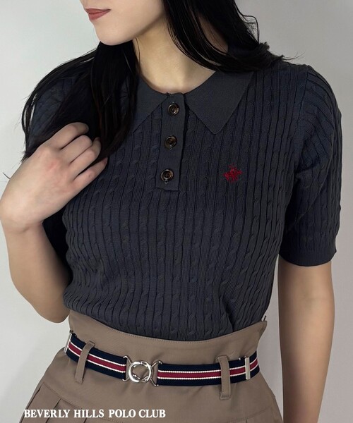 BEVERLY HILLS POLO CLUB（ビバリーヒルズポロクラブ）の「【BEVERLY HILLS POLO CLUB】ケーブルポロニット（ニット/セーター・レディース・ピンク/オフホワイト/チャコールグレー・FREE）」の3枚目の写真