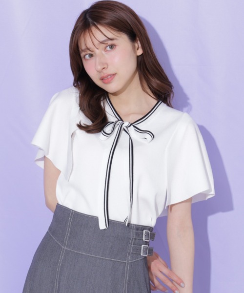 JILL by JILL STUART(ジルバイジルスチュアート)の「フレアスリーブボウタイニット(ニット/セーター・レディース・パープル/ブラック/ホワイト・FREE)」の2枚目の写真