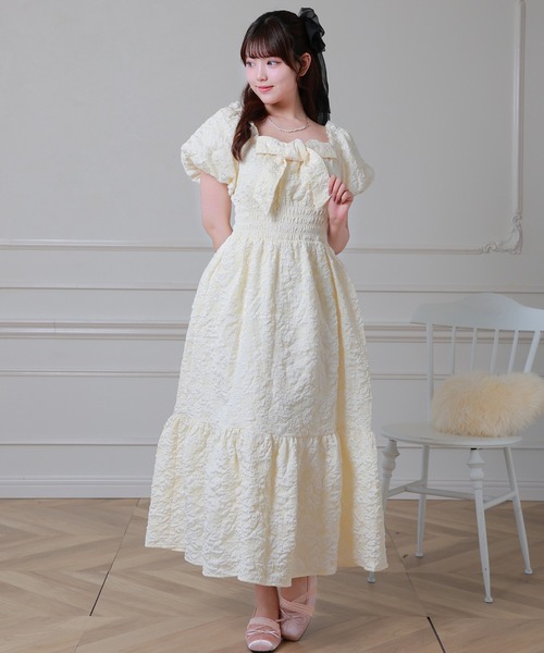 セール】立体フラワー刺繍ビッグリボンシアーロングワンピース