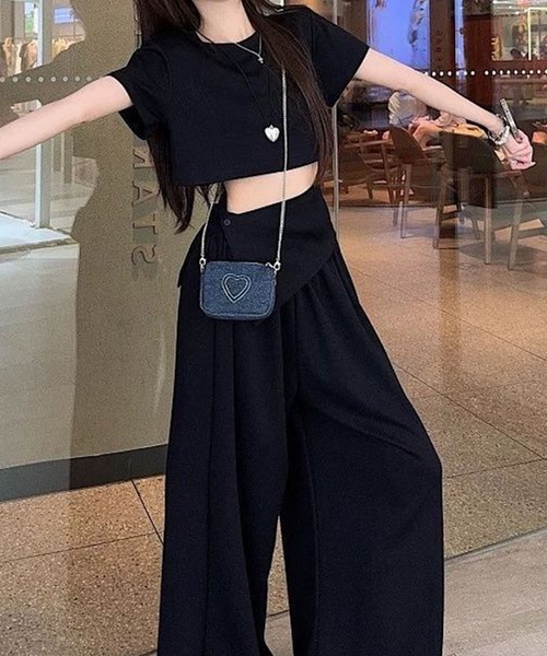 Jimwag クロップドトップスとワイドパンツセット セール】クロップド丈デザインTシャツ×ワイドパンツ 2点セットアップ
