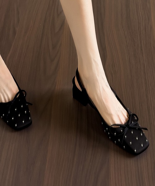 Lace Ladies(レースレディース)の「スクエアトゥ スタッズ リボン ストラップ サンダル(サンダル・レディース・ブラック・23cm/23.5cm/24cm/24.5cm/25cm/22.5cm)」の3枚目の写真