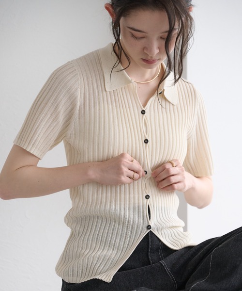 raffime(ラフィミー)の「【Raffime】スパンコールラメポロニット(ポロシャツ・レディース・モカ/アイボリー/ブルー・フリー)」の5枚目の写真