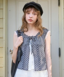 チェックフリルレーススリーブトップス/Checkered frill lace sleeve top