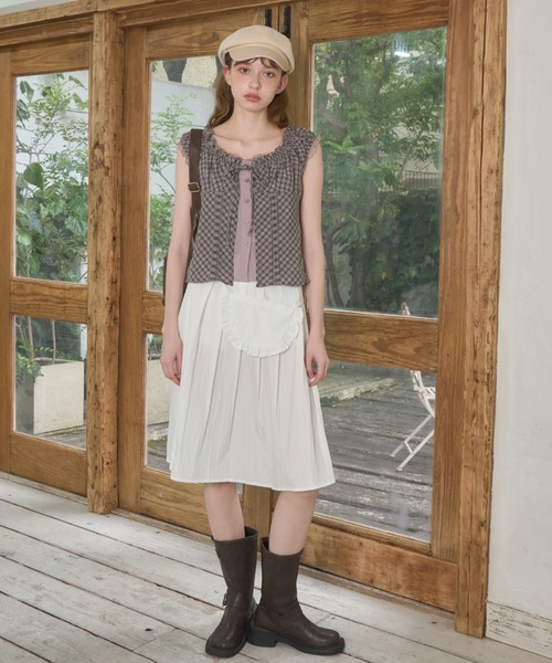 Birthday room(バースデイルーム)の「チェックフリルレーススリーブトップス/Checkered frill lace sleeve top(Tシャツ/カットソー・レディース・ネイビー/ブラウン・FREE)」の4枚目の写真
