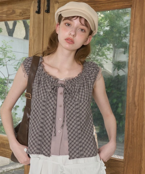 Birthday room(バースデイルーム)の「チェックフリルレーススリーブトップス/Checkered frill lace sleeve top(Tシャツ/カットソー・レディース・ネイビー/ブラウン・FREE)」の6枚目の写真
