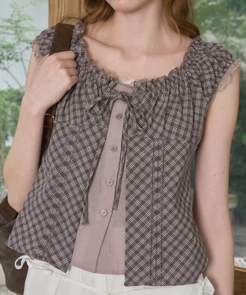 Birthday room(バースデイルーム)の「チェックフリルレーススリーブトップス/Checkered frill lace sleeve top(Tシャツ/カットソー・レディース・ネイビー/ブラウン・FREE)」の7枚目の写真